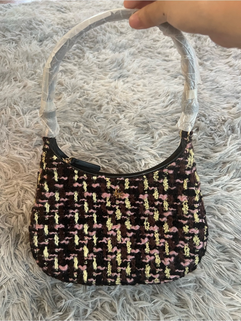 Tory Burch Emerson Woven Tweed Shoulder Bag in Black, Pink & Yellow NWT